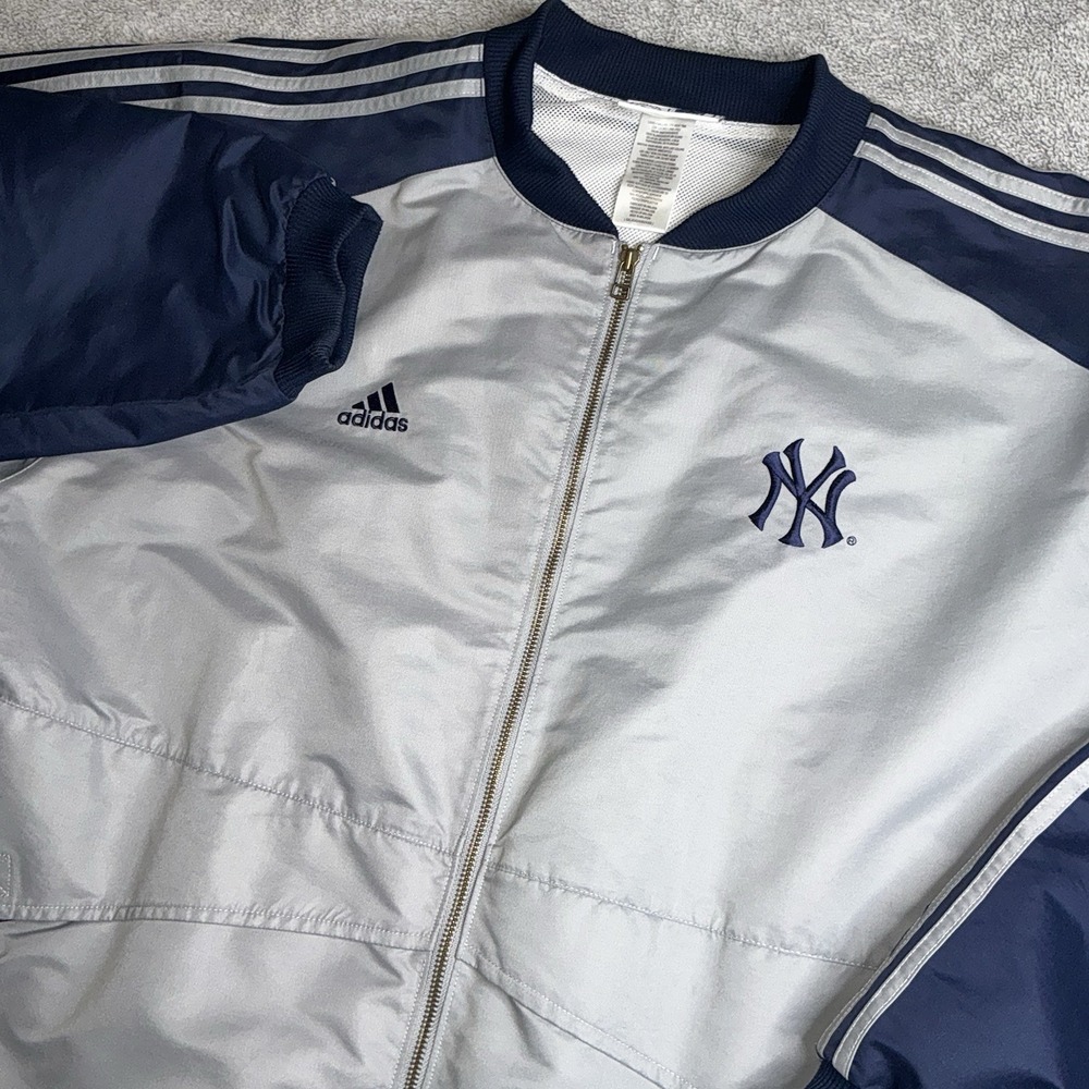 Adidas New York Yankees Jacket XXL Navy Blue Gray Full Zip 3 Stripes Logo